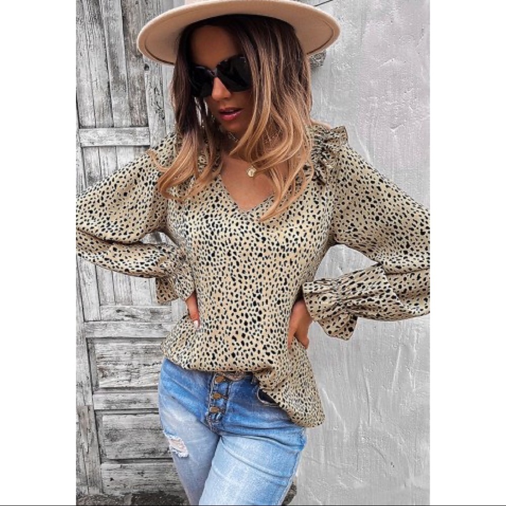 Khaki Ruffled V Neck Long Sleeve Leopard Print Blouse